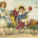 Children in Cart of Flowers New Year's Postcard VP-6606