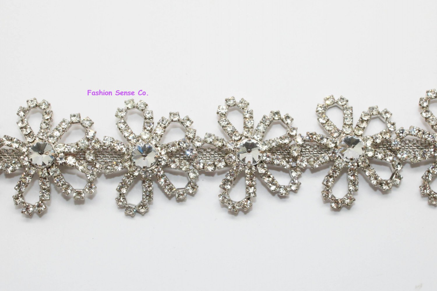 LG-466 5 petals bridal wedding costume diamante rhinestone crystal silver trim 1 yard