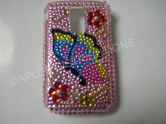 New Pink Butterfly Side W/Ruby Flower Bling Diamond Case For Blackberry 9000 - (0051)