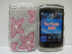 New Pink Cherry Blossom Bling Diamond Case For Blackberry 9800 - (0142)