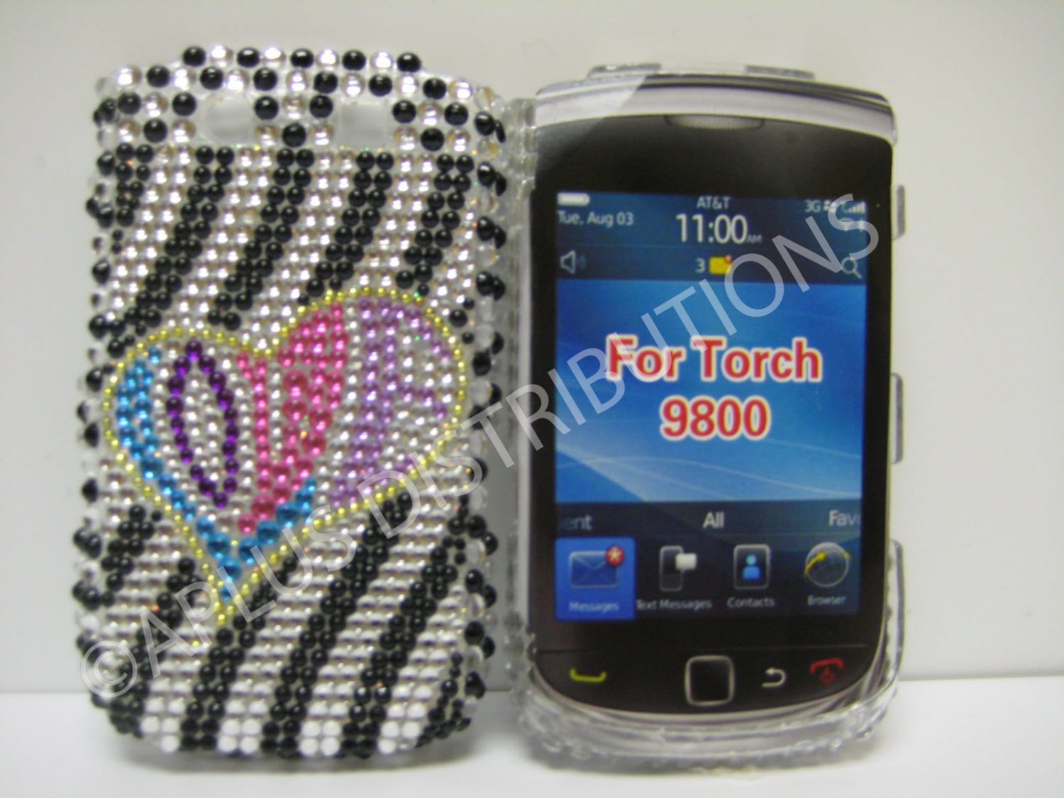 New Black Love Heart Bling Diamond Case For Blackberry 9800 - (0156)
