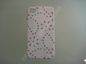 New White Flower Vine Glitter Pattern Hard Protective Cover For iPhone 4 - (0044)