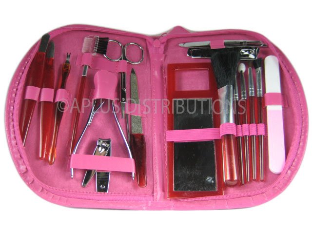 NEW 18-PIECE MANICURE & COSMETIC TRAVEL SET WCONVENIENT ZIPPER CASE - HOT PINK