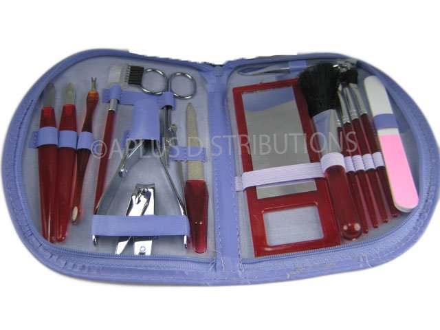 NEW 18-PIECE MANICURE & COSMETIC TRAVEL SET WCONVENIENT ZIPPER CASE - PUR