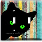 PEEKING BLACK CAT GREEN EYES RUSTIC WOOD 2 GANG LIGHT SWITCH WALL PLATE HD DECOR
