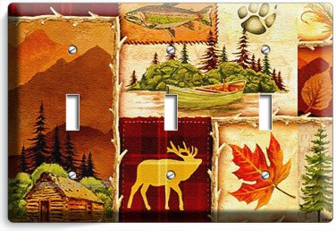 HUNTING CABIN FISHING MOOSE PATCHWORK 3 GANG LIGHT SWITCH WALL PLATES ROOM  DECOR