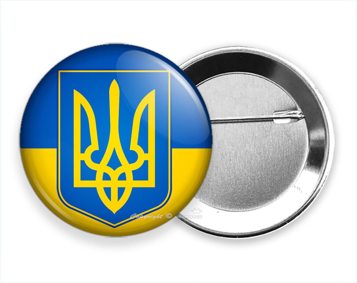 UKRAINE YELLOW BLUE FLAG COAT OF ARMS PIN PINBACK BUTTON FLAIR BADGE GIFT IDEA