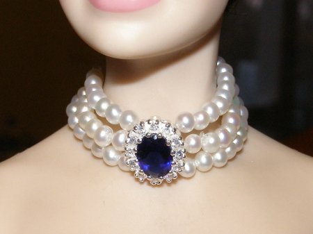 Princess Diana Triple Pearl Sapphire Necklace Set