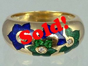 Sensational Enamel Solid 18k Gold Diamond Estate Ring