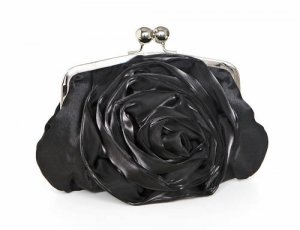Black Flower Satin Design Lady Woman Clutch Purse Bag