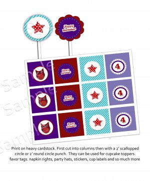 Purple Owl theme cupcake toppers