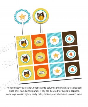 Orange Owl theme cupcake toppers