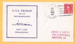 USS TILLMAN DD-135 Decommissioning 1939 Naval Cover