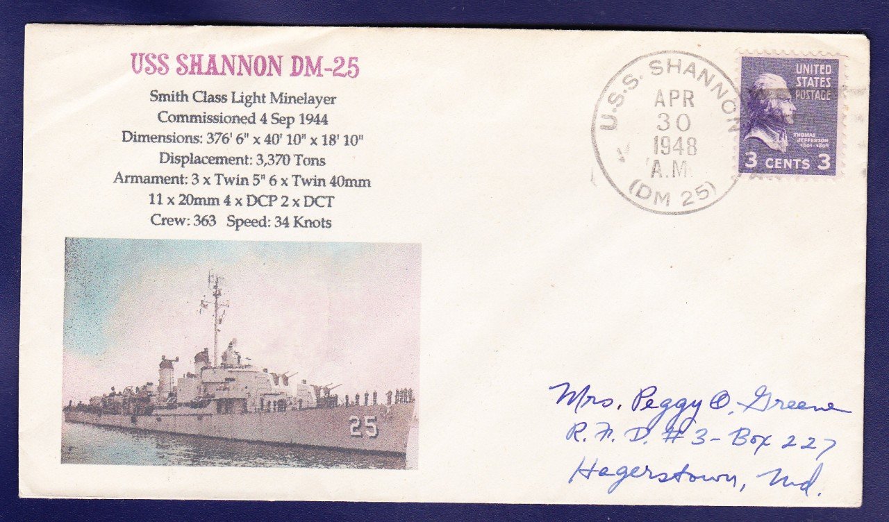 USS SHANNON DM-25 1948 Naval Cover MHcachets ONLY 1 Made