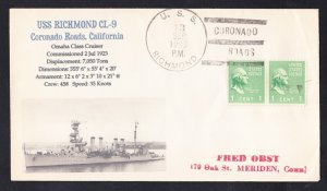 Cruiser USS RICHMOND CL-9 Coronado Roads CA 1938 Naval Cover MhCachets 1 MADE