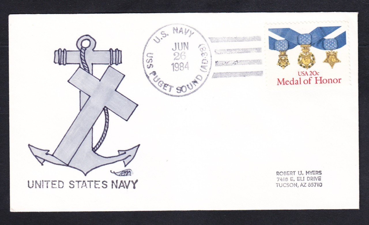 Destroyer Tender USS PUGET SOUND AD-38 Hand Drawn Cachet Naval Cover