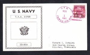 Destroyer USS POWER DD-839 Naval Cover