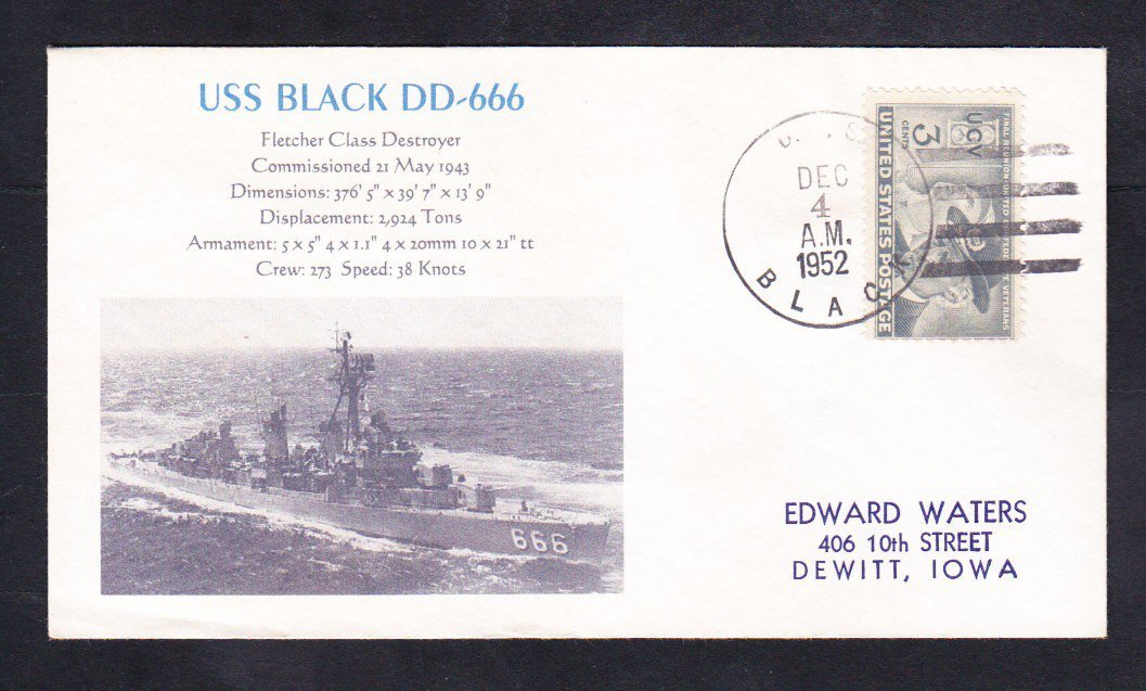 Destroyer USS BLACK DD-666 Korean War Era Naval Cover MhCachets 1 MADE