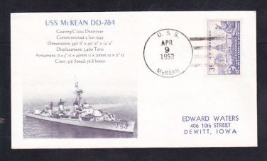 Destroyer USS McKEAN DD-784 Korean War Era Naval Cover MhCachets 1 MADE