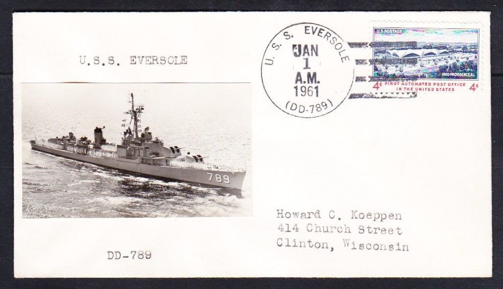 Destroyer USS EVERSOLE DD-789 Real Photograph Cachet Naval Cover