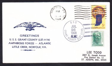 Tank Landing Ship USS GRANT COUNTY LST-1174 Greetings Norfolk VA Naval Cover