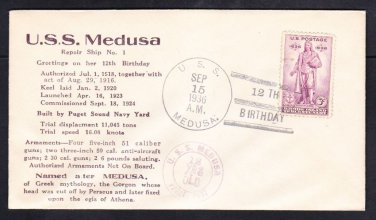 Destroyer Tender USS MEDUSA AR-1 12th Anniversary 1936 Naval Cover