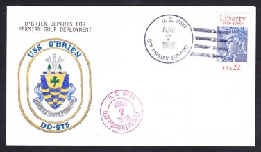 USS O'BRIEN DD-975 Persian Gulf Deployment Colored Insignia Naval Cover