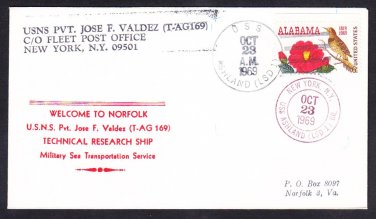 Technical Research Ship USNS PVT JOSE F. VALDEZ T-AG 169 Norfolk VA Naval Cover