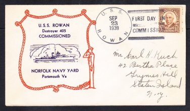 WWII Destroyer USS ROWAN DD-405 COMMISSIONING 1939 Naval Cover