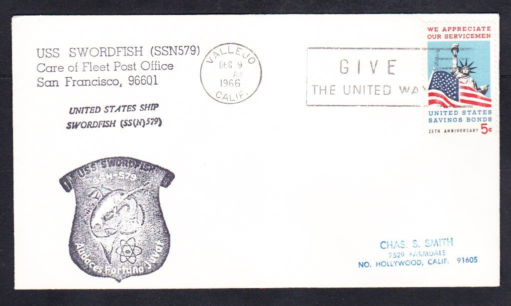 Submarine USS SWORDFISH SSN579 Vallejo CA 1966 Naval Cover
