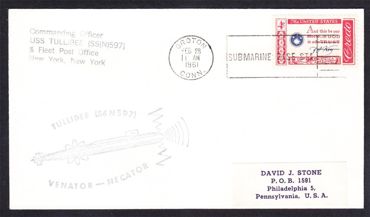 Submarine USS TULLIBEE SSN597 Groton Sub Base 1961 Naval Cover