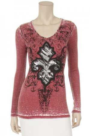 Vocal Apparel Fleur De Lis Rhinestone Long Sleeve Burgundy Top