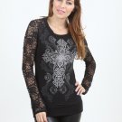 Vocal Apparel Tattoo Rhinestone Long Sleeve Lace Top