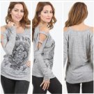 VOCAL Womens Top Open Shoulder Fleur De Lis Shirt - Grey