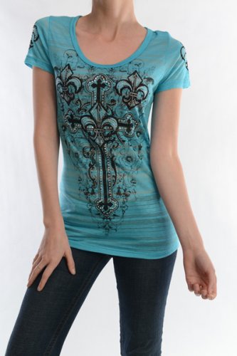 Womens Vocal Fleur De Lis Cross Jade Burnout T-Shirt