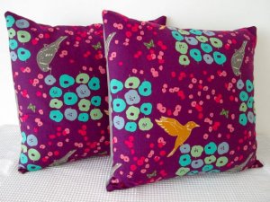 Two Echino Kokka Purple Bird and Floral Pillow Covers