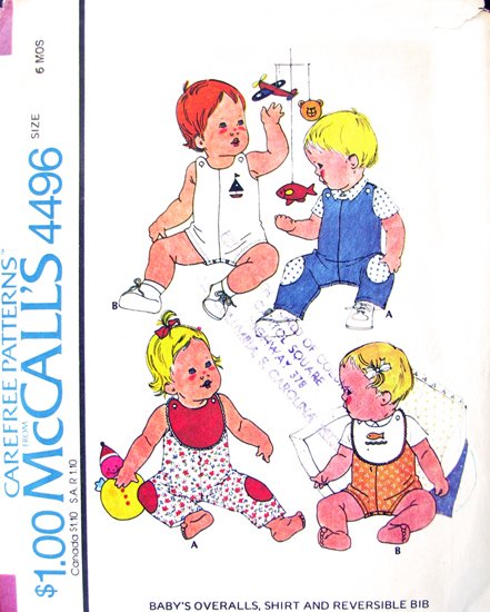 Infants Overall Romper Shirt & Bib Vintage Pattern Mccalls 4496 Size 6 months