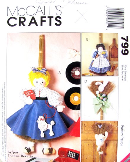 Broom Dolls Craft Sewing Pattern McCall's 8707/ 799 UNCUT Girls, Cat & Bunny