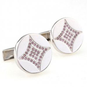 Round Rhombus Pink Crystals Cufflinks FREE Velvet Gift Pouch