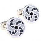 Round Grey Flower Enamel Crystals Cufflinks FREE Velvet Gift Pouch
