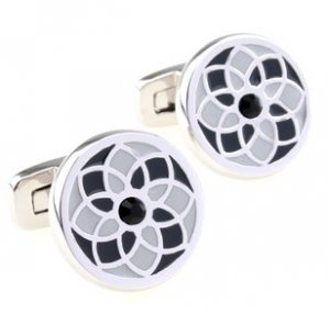 Round Grey Flower Enamel Crystals Cufflinks FREE Velvet Gift Pouch