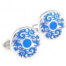 Round Blue Gothic Medallion Cufflinks FREE Velvet Gift Pouch