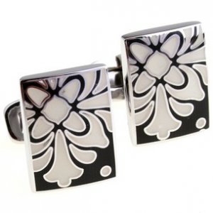 Black Deco Flower Enamel Cufflinks FREE Velvet Gift Pouch