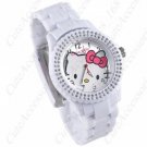 WWM-25063 Stylish Hello Kitty Plastic Band & Rhinestones Watch- White