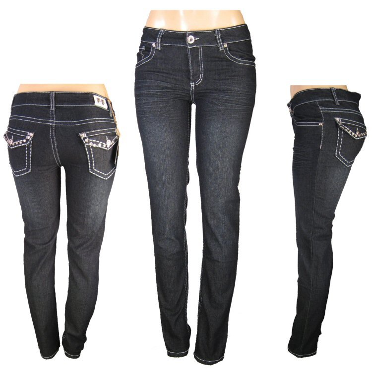 "F & F" Junior Skinny Stretch Dark Blue Denim Embroidered Jeans