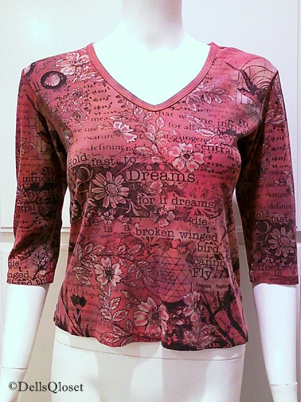 GLIMA Dark Rose/Pink Graphic Print V-Neck 3/4 Sleeve Top - Size Medium