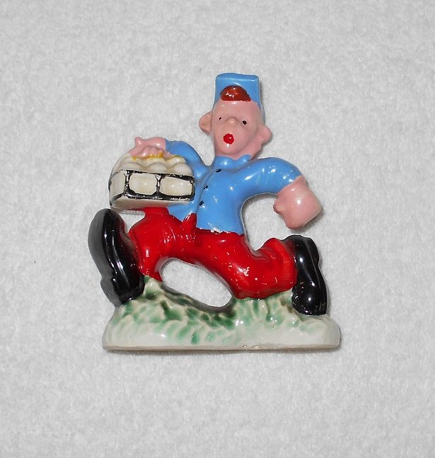Ceramic Salt Shaker - Milkman / Boy Carrying Bottles Figure - Blue Shirt / Red Pants - Vintage