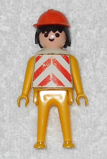 Playmobil - Vintage Construction Worker Man Figure Klicky w/ Helmet & Vest - Yellow w/ Black Hair