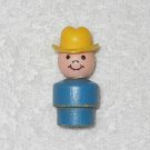 Fisher Price - Vintage Little People Boy With Yellow Hat Figure - Blue Wood Body - Plastic Head