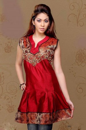 Fashion Ladies Scoop neck Red silk cotton sleeve less tunic